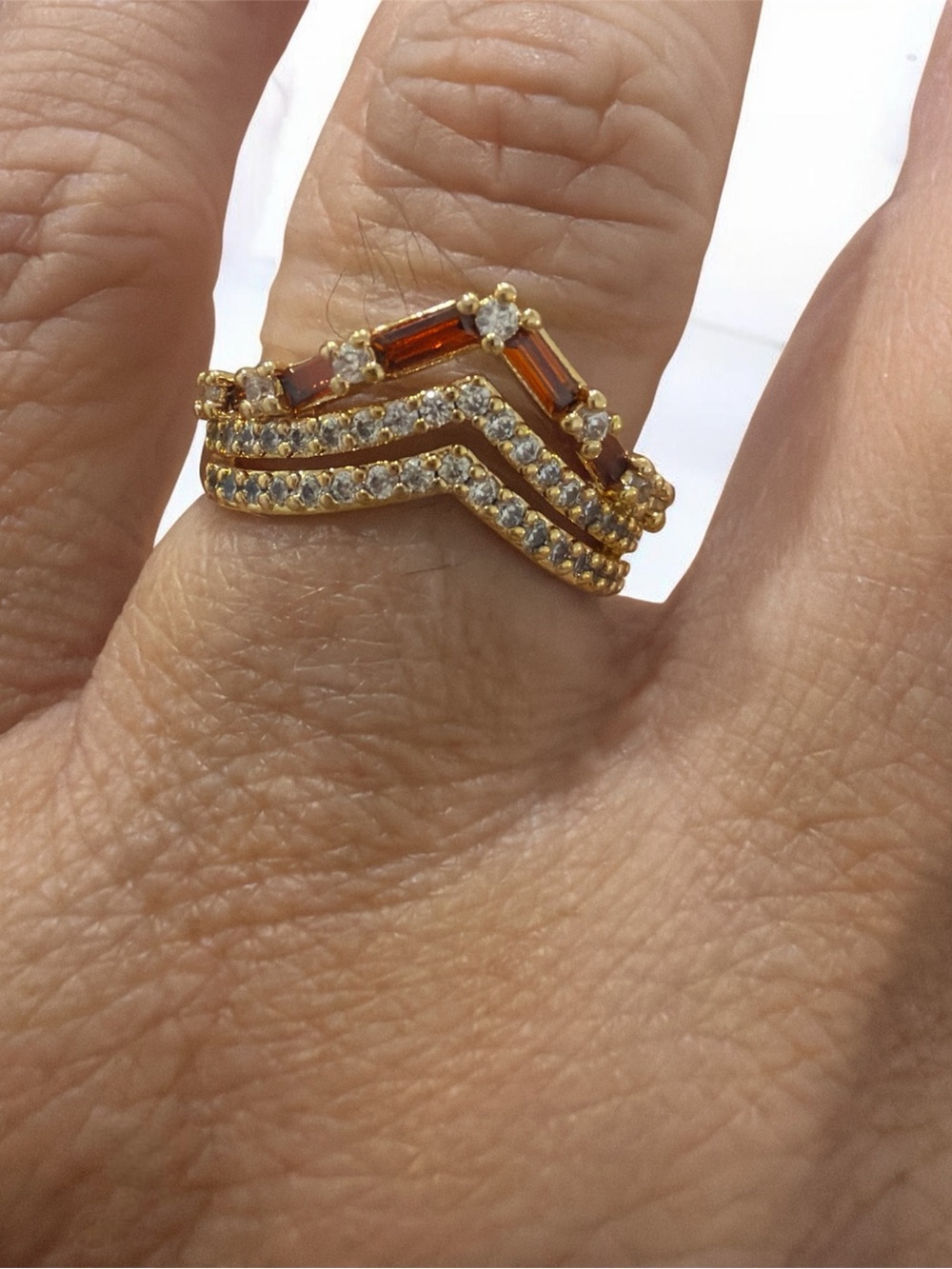 Gold Chevron Stack Ring with Amber Baguette and Clear Stones